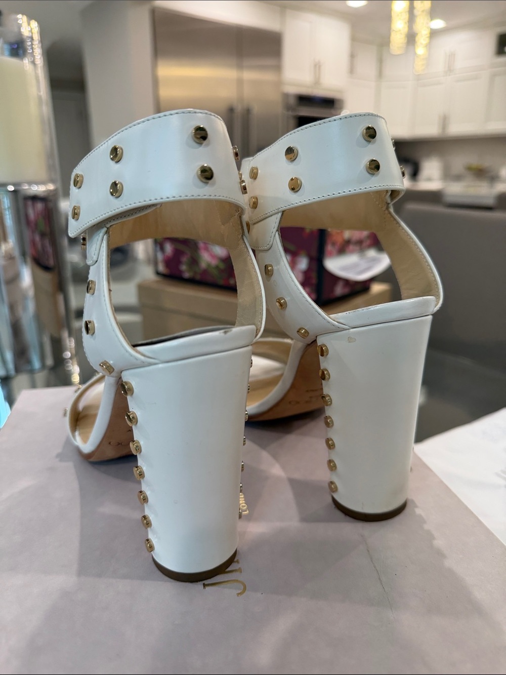 Jimmy Choo White Studded Block Heel Sandals with Ankle Cuff size 39 - Picture 5 of 9